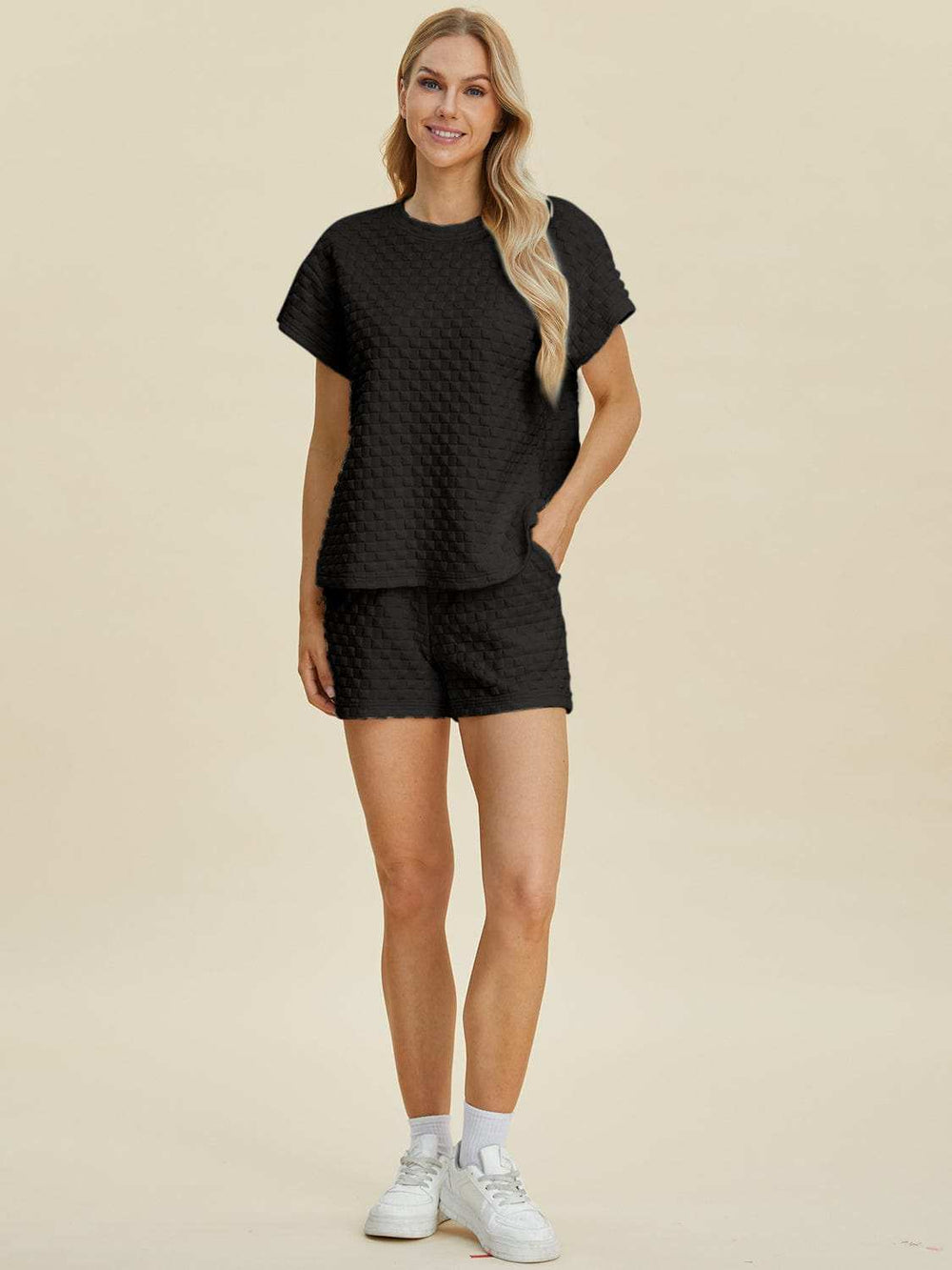 Double Take Full Size Texture T-Shirt and Shorts Set - Trendsi - Flyclothing LLC