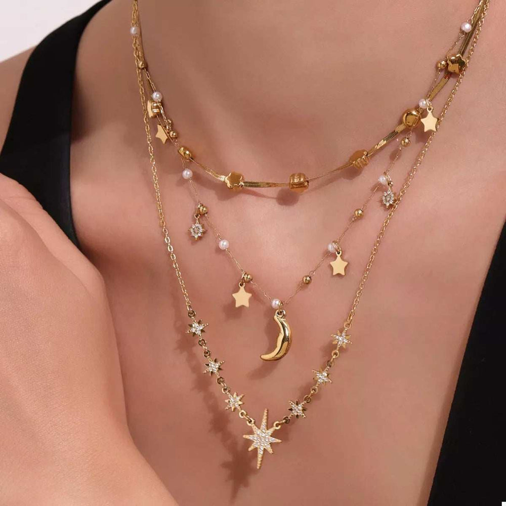 18K Gold-Plated Stainless Steel Zircon Star Moon Necklace - Trendsi - Flyclothing LLC