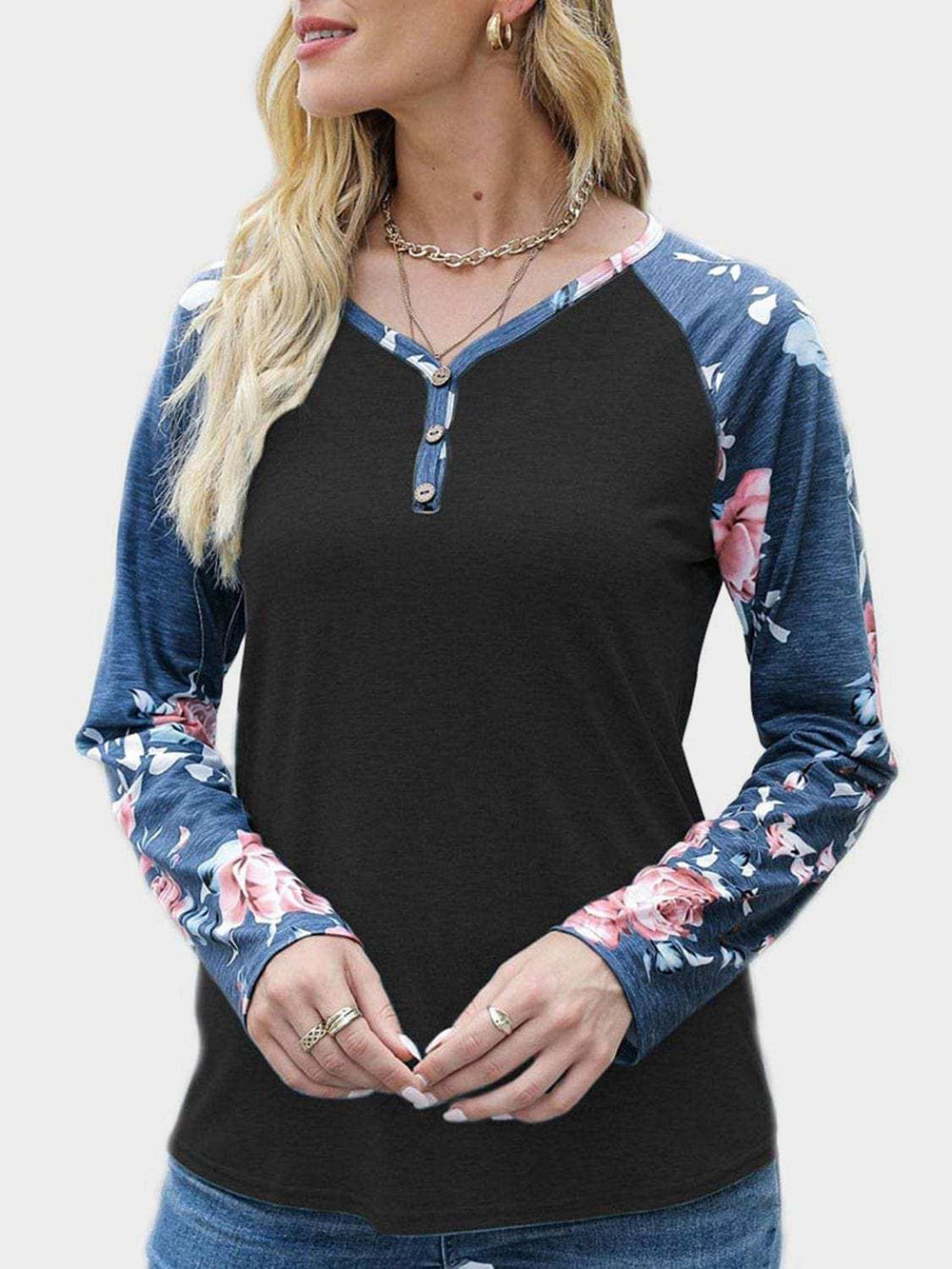 V-Neck Floral Long Sleeve T-Shirt - Trendsi - Flyclothing LLC