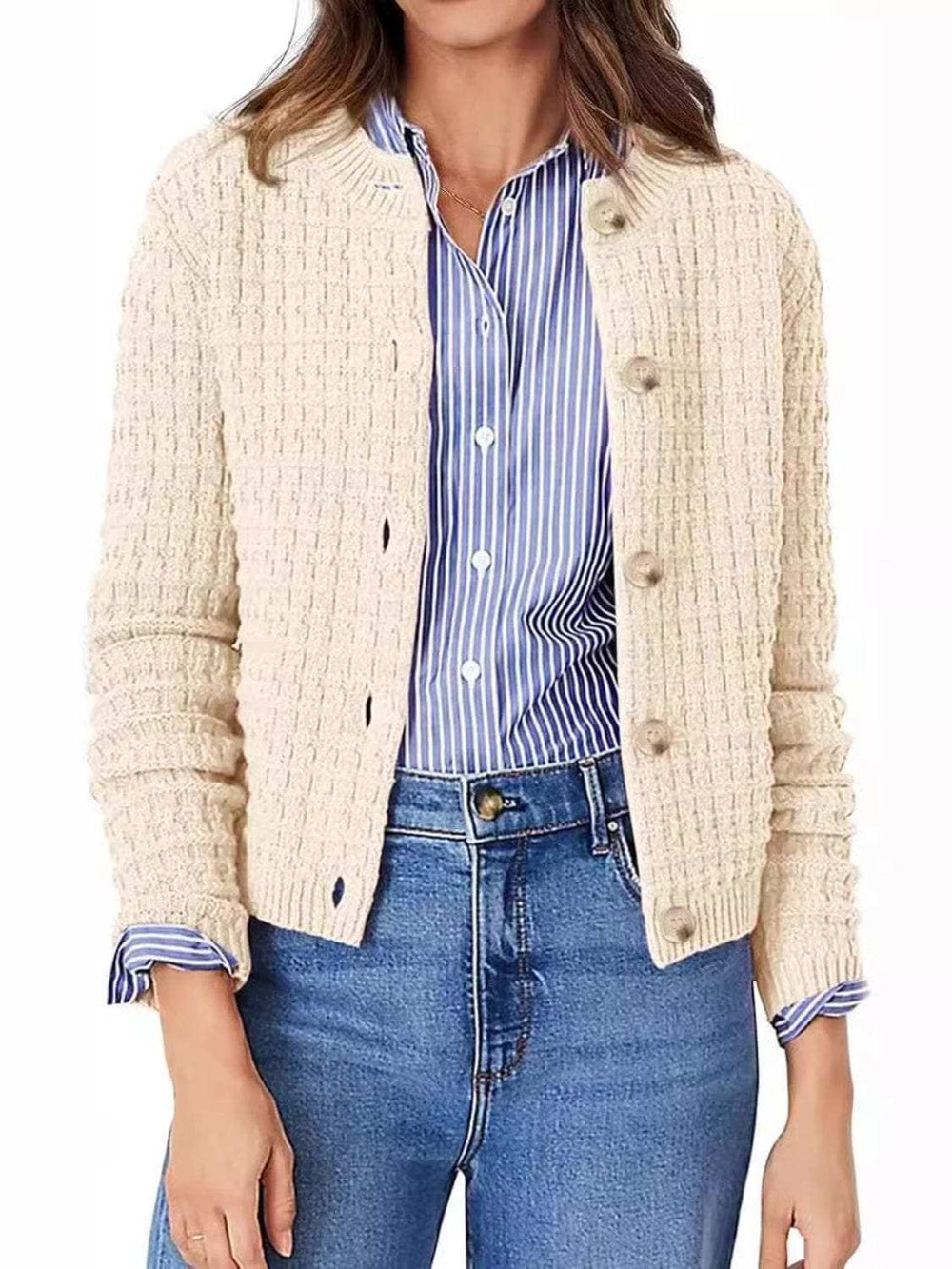 Button Up Round Neck Long Sleeve Cardigan - Trendsi - Flyclothing LLC