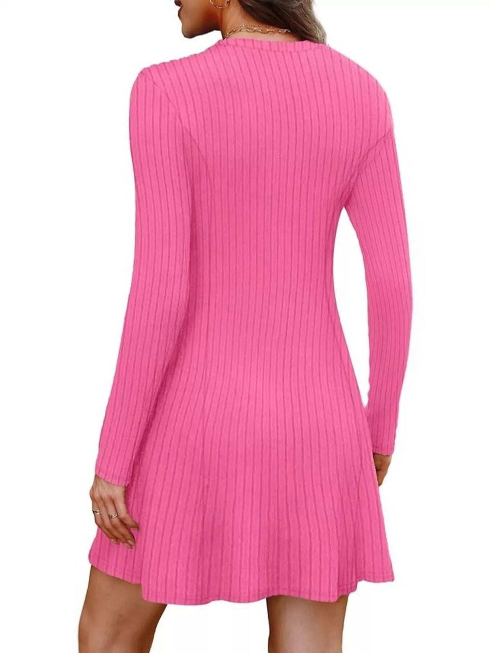 Ribbed Knit Long Sleeve A-Line Dress - Trendsi - Flyclothing LLC