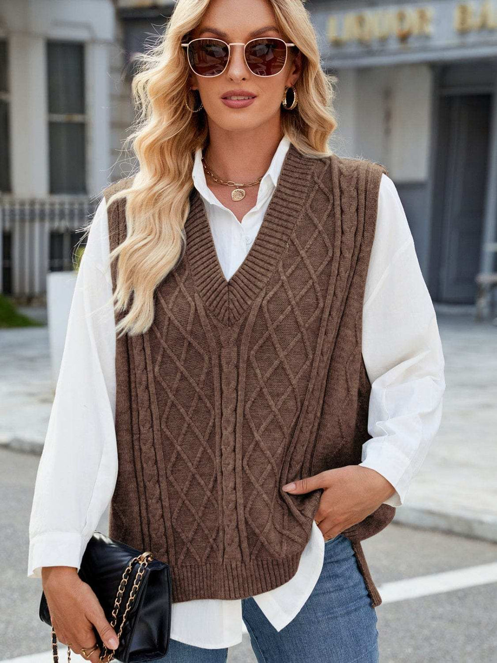 Cable Knit V-Neck Sweater Vest - Trendsi - Flyclothing LLC
