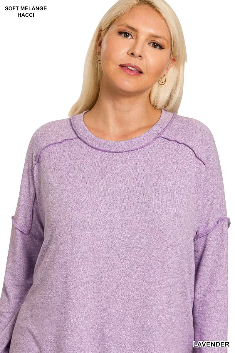 Zenana Full Size Melange Hacci Exposed Seam Hi-low Tee Plus Size - Trendsi - Flyclothing LLC