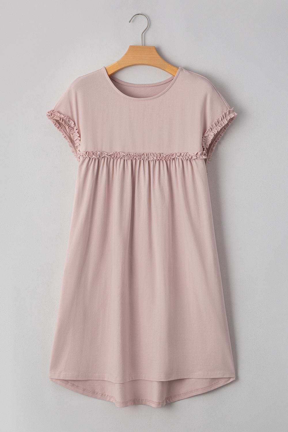 Frilled Trim Crew Neck Cap Sleeve Loose Fit Mini Dress - Trendsi - Flyclothing LLC