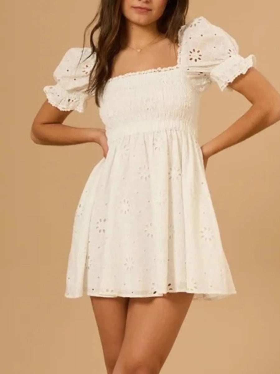 Eyelet Puff Sleeve Smocked Mini Dress - Trendsi - Flyclothing LLC