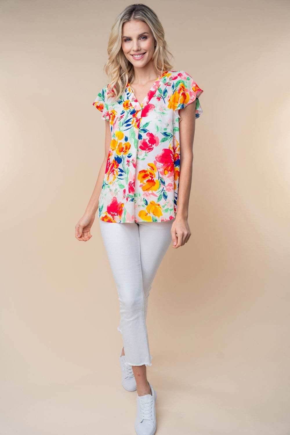 White Birch Full Size Short Sleeve Floral Woven Top - Trendsi - Flyclothing LLC