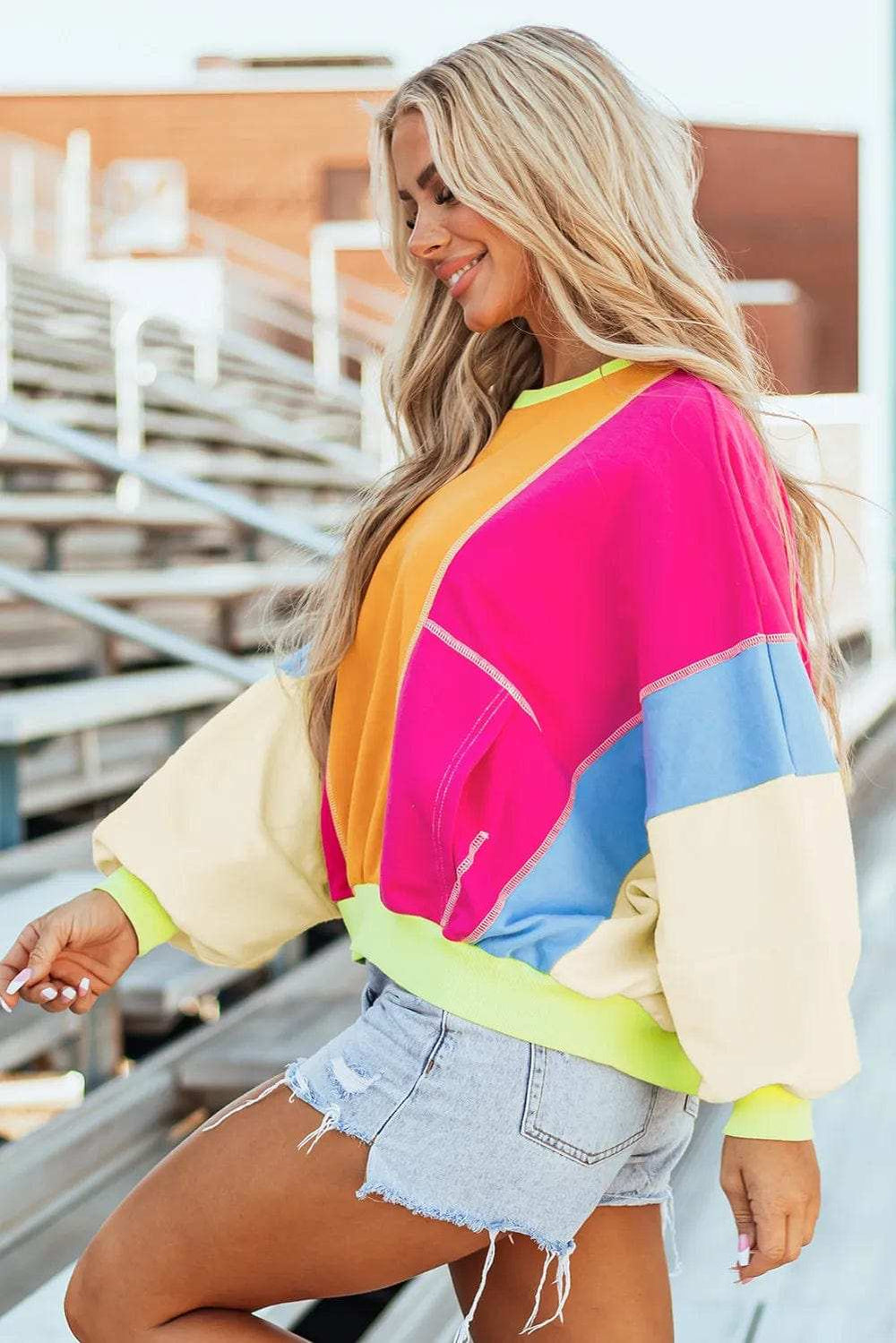 Color Block Round Neck Long Sleeve Top - Trendsi - Flyclothing LLC