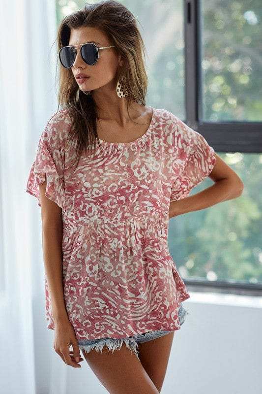 BiBi Leopard Print Gauze Woven Flutter Sleeve Blouse - Trendsi - Flyclothing LLC