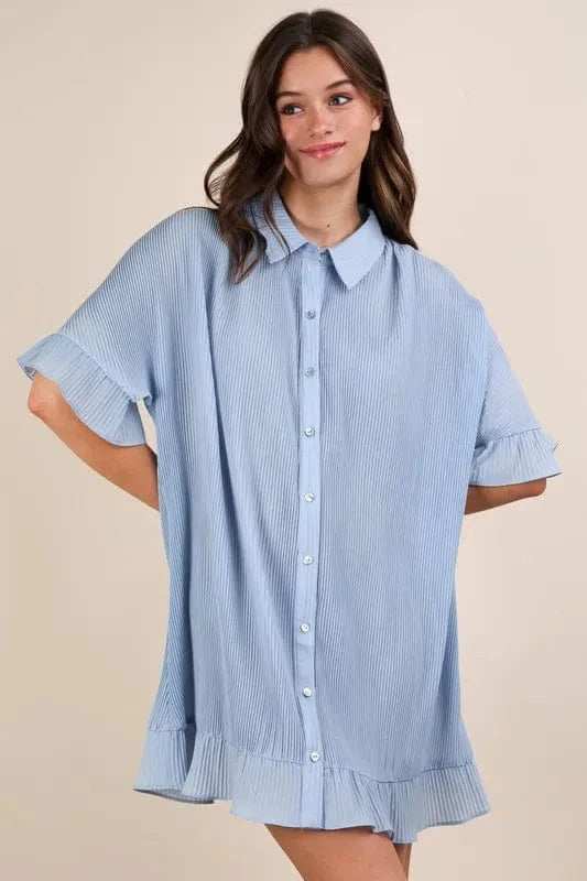 VERY J Pleated Detail Button Down Mini Dress - Trendsi - Flyclothing LLC