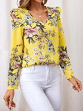 Ruffled Printed V-Neck Long Sleeve Blouse - Trendsi - Flyclothing LLC