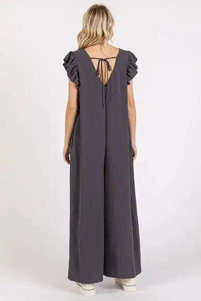 Mittoshop V-Neck Ruffled Cap Sleeve Wide Leg Jumpsuit - Trendsi - Flyclothing LLC