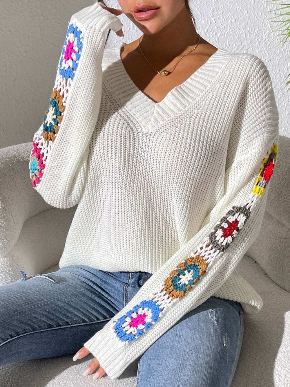 Crochet Flower V-Neck Sweater - Trendsi - Flyclothing LLC