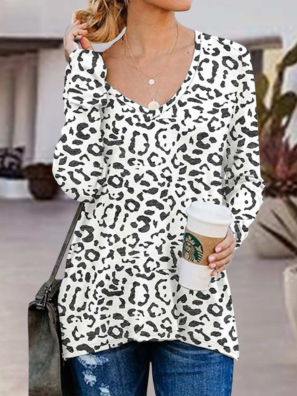 Full Size Side Zip Printed V-Neck Long Sleeve T-Shirt - Trendsi - Flyclothing LLC