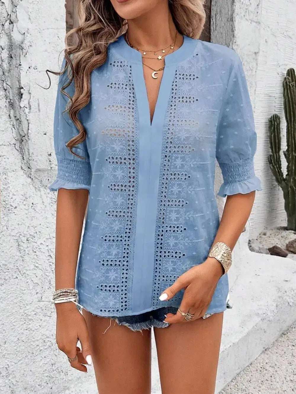 Eyelet Notched Flounce Sleeve Blouse - Trendsi - Flyclothing LLC