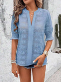 Eyelet Notched Flounce Sleeve Blouse - Trendsi - Flyclothing LLC