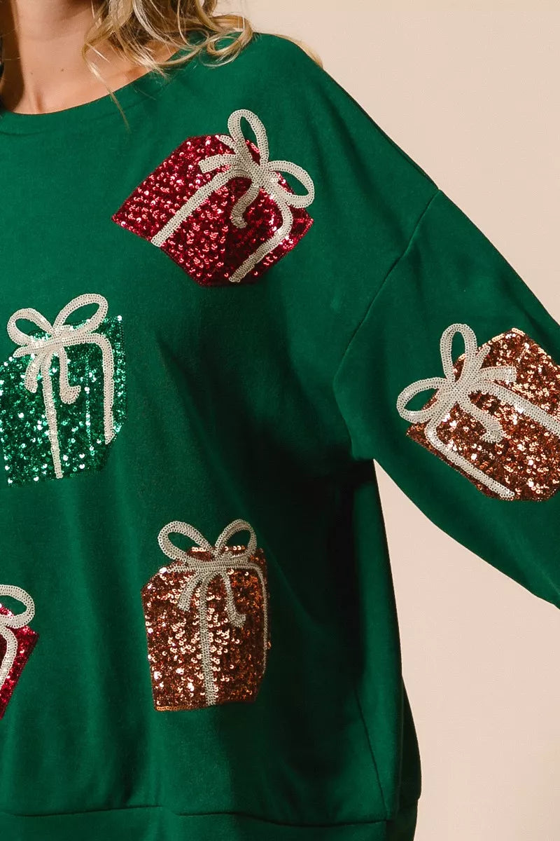 BiBi Sequin Christmas Gift Box Embroideries Pullover - Trendsi - Flyclothing LLC