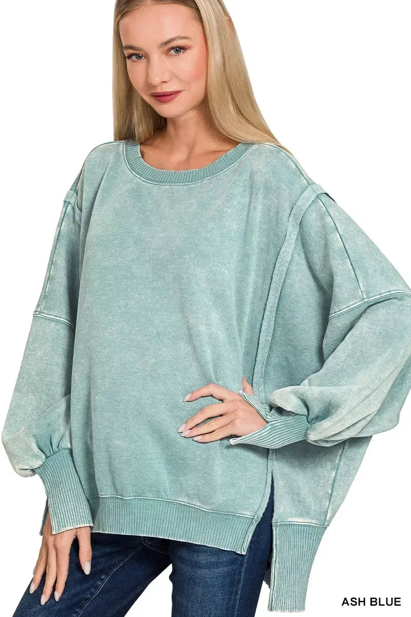 Zenana Acid Washed Batwing Sleeve Fleece Sweatshirt - Trendsi - Flyclothing LLC