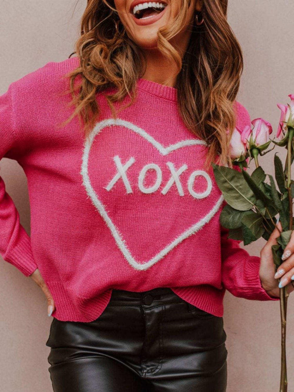 XOXO Round Neck Drop Shoulder Sweater - Trendsi - Flyclothing LLC