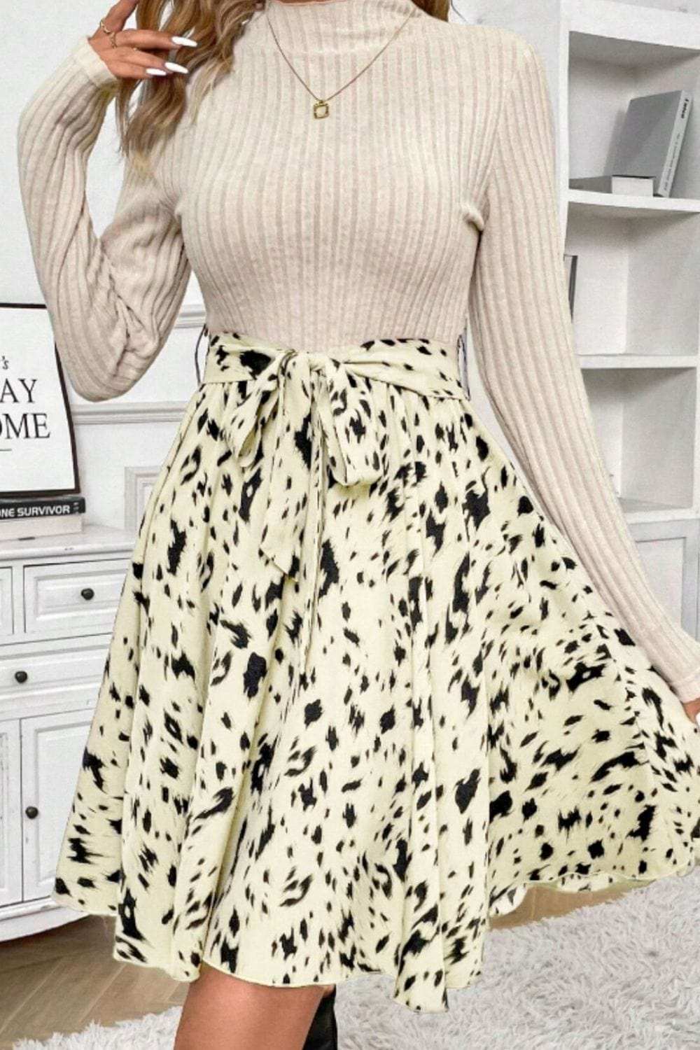 Printed Tie Waist Mock Neck Long Sleeve Dress - Trendsi - Flyclothing LLC