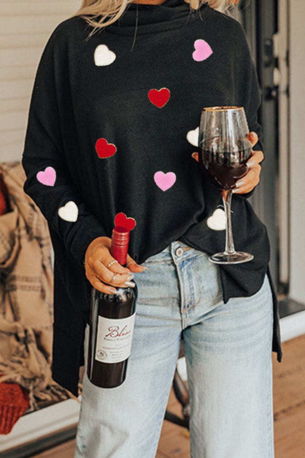 Valentine’s Day Heart Patched Turtleneck Long Sleeve Top - Trendsi - Flyclothing LLC