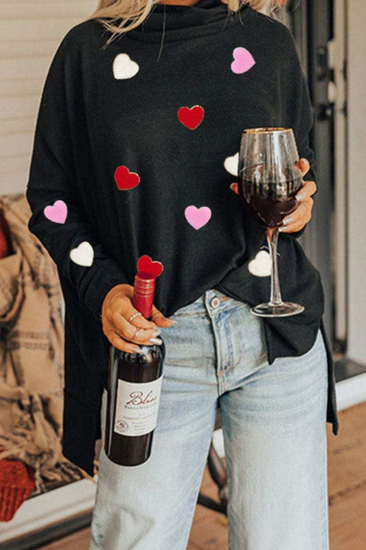 Valentine’s Day Heart Patched Turtleneck Long Sleeve Top - Trendsi - Flyclothing LLC