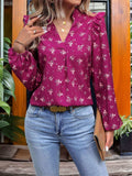 Ruffled Printed Notched Long Sleeve Blouse - Trendsi - Flyclothing LLC