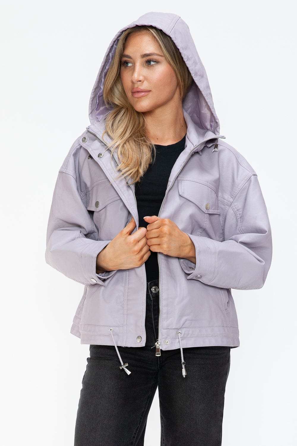 How Dare U Drawstring Hem PU Leather Zip Up Jacket - Trendsi - Flyclothing LLC