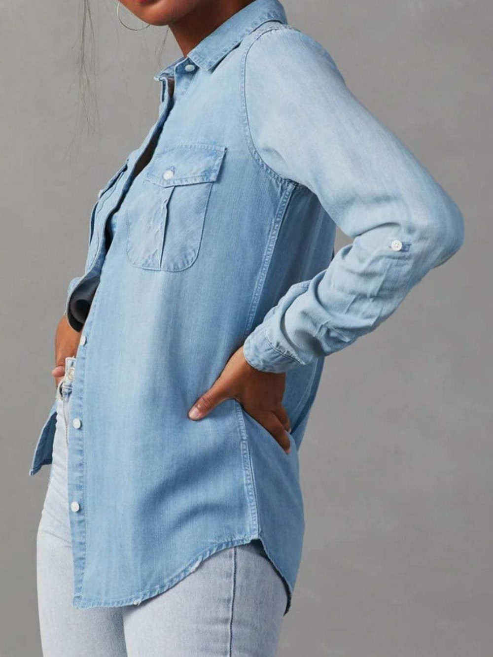 Collared Neck Roll-Tab Sleeve Denim Top - Trendsi - Flyclothing LLC