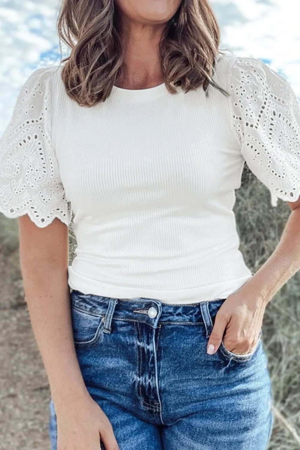 Eyelet Short Sleeve Patchwork Ribbed Top - Trendsi - Flyclothing LLC