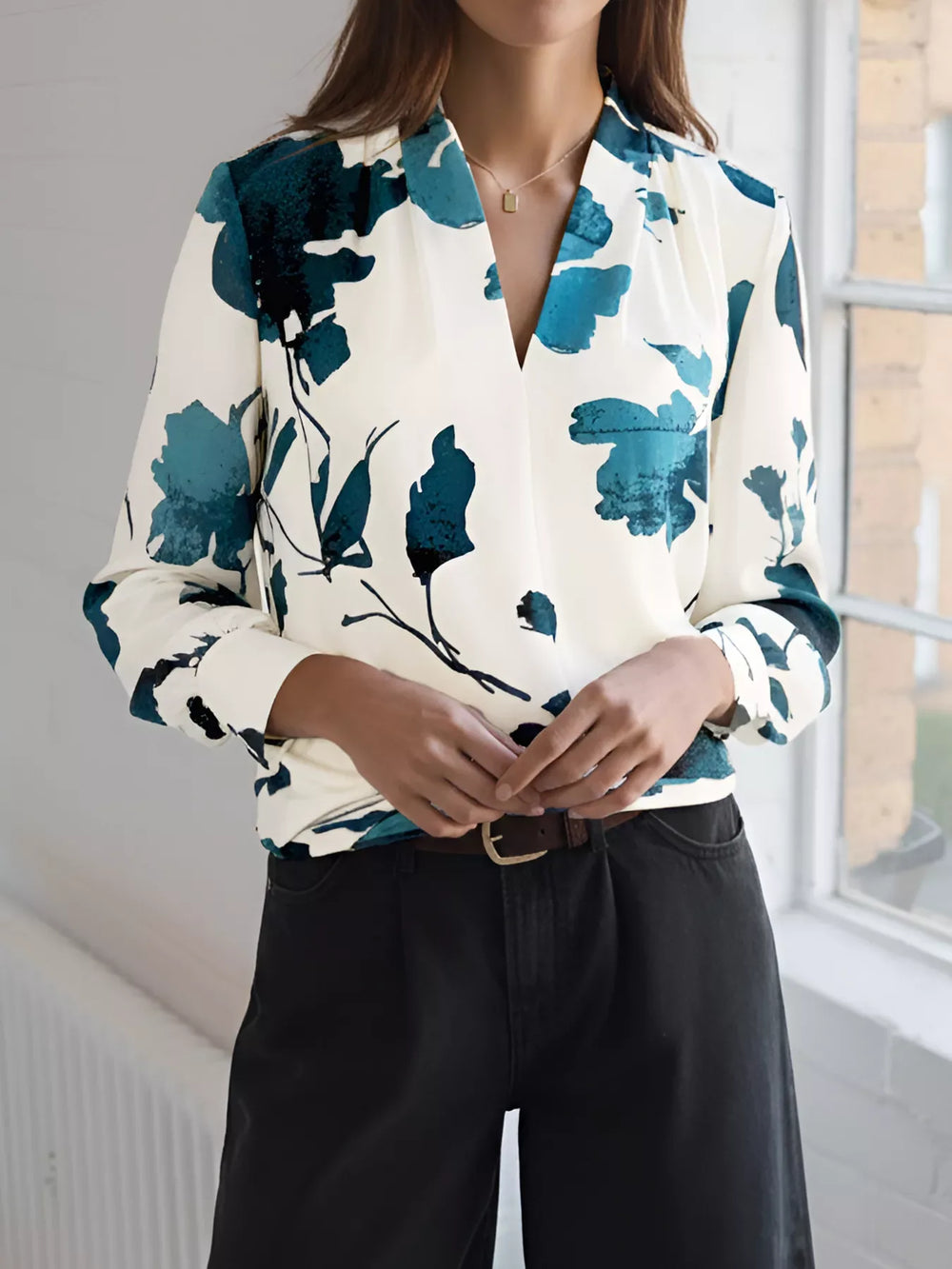 Printed V-Neck Long Sleeve Blouse - Trendsi - Flyclothing LLC