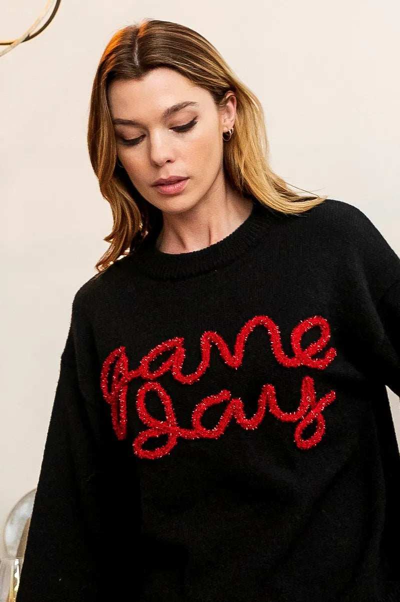 BiBi Game Day Metallic Letter Sweater - Trendsi - Flyclothing LLC