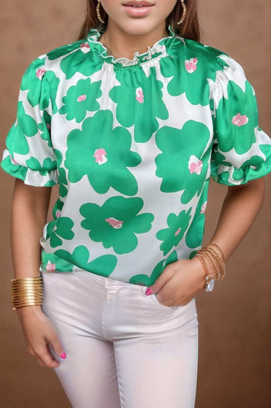 Ruffled Printed Mock Neck Short Sleeve Blouse - Trendsi - Flyclothing LLC