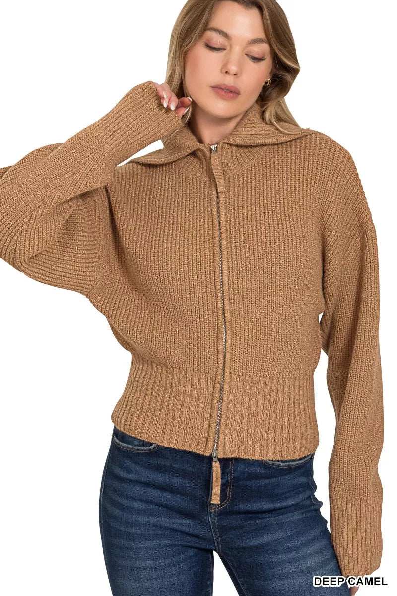Zenana Ribbed Collared Zip Up Sweater Cardigan - Trendsi - Flyclothing LLC