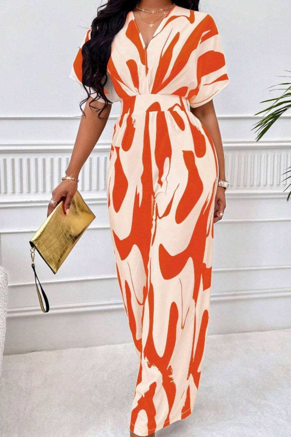 Printed V-Neck Short Sleeve Wide Leg Jumpsuit - Trendsi - Flyclothing LLC
