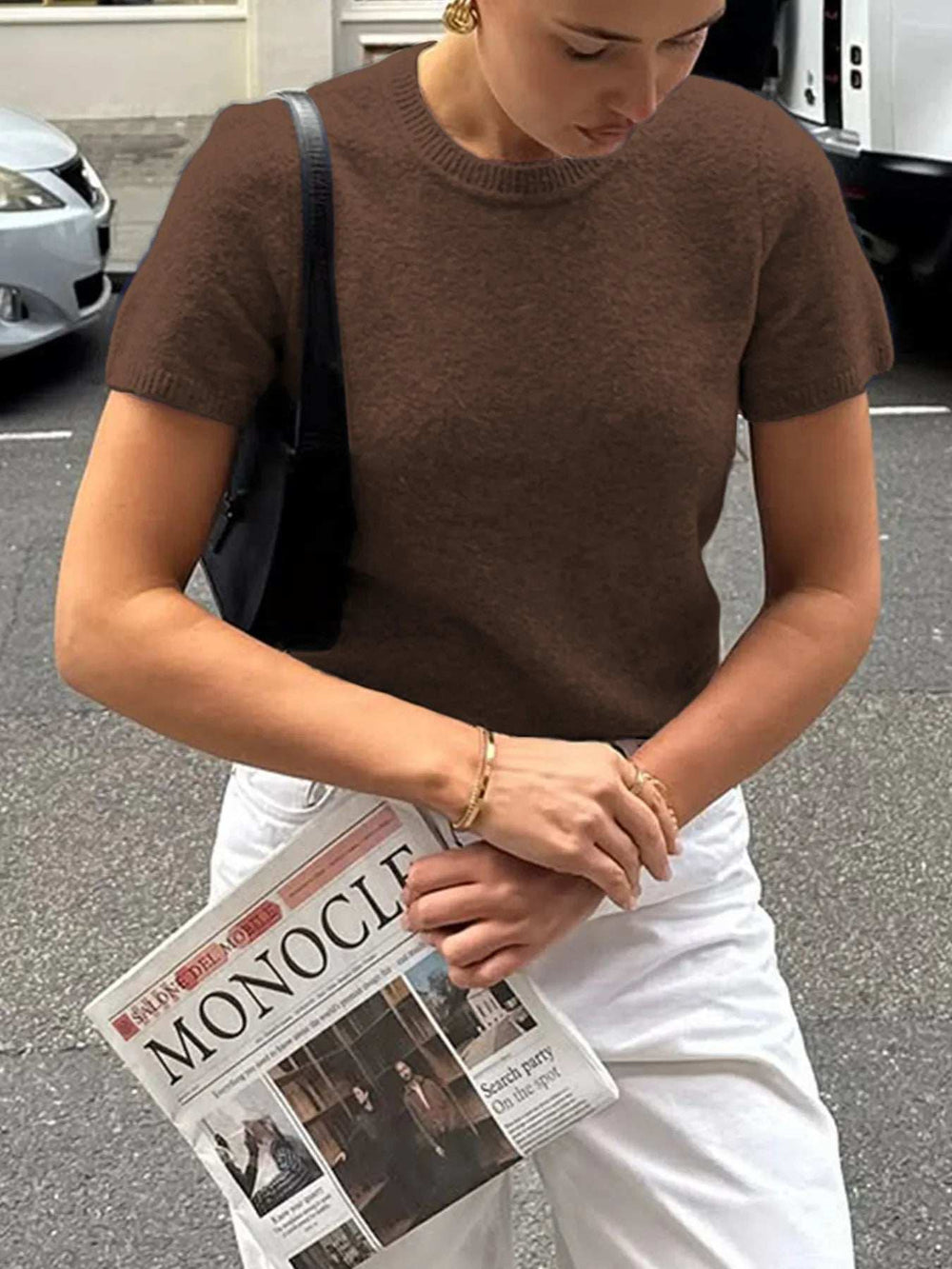 Round Neck Short Sleeve Sweater - Trendsi - Flyclothing LLC