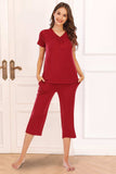 V-Neck Short Sleeve Top and Pants Lounge Set - Trendsi - Flyclothing LLC