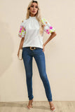 Sequin Flower Mock Neck Half Sleeve Blouse - Trendsi - Flyclothing LLC