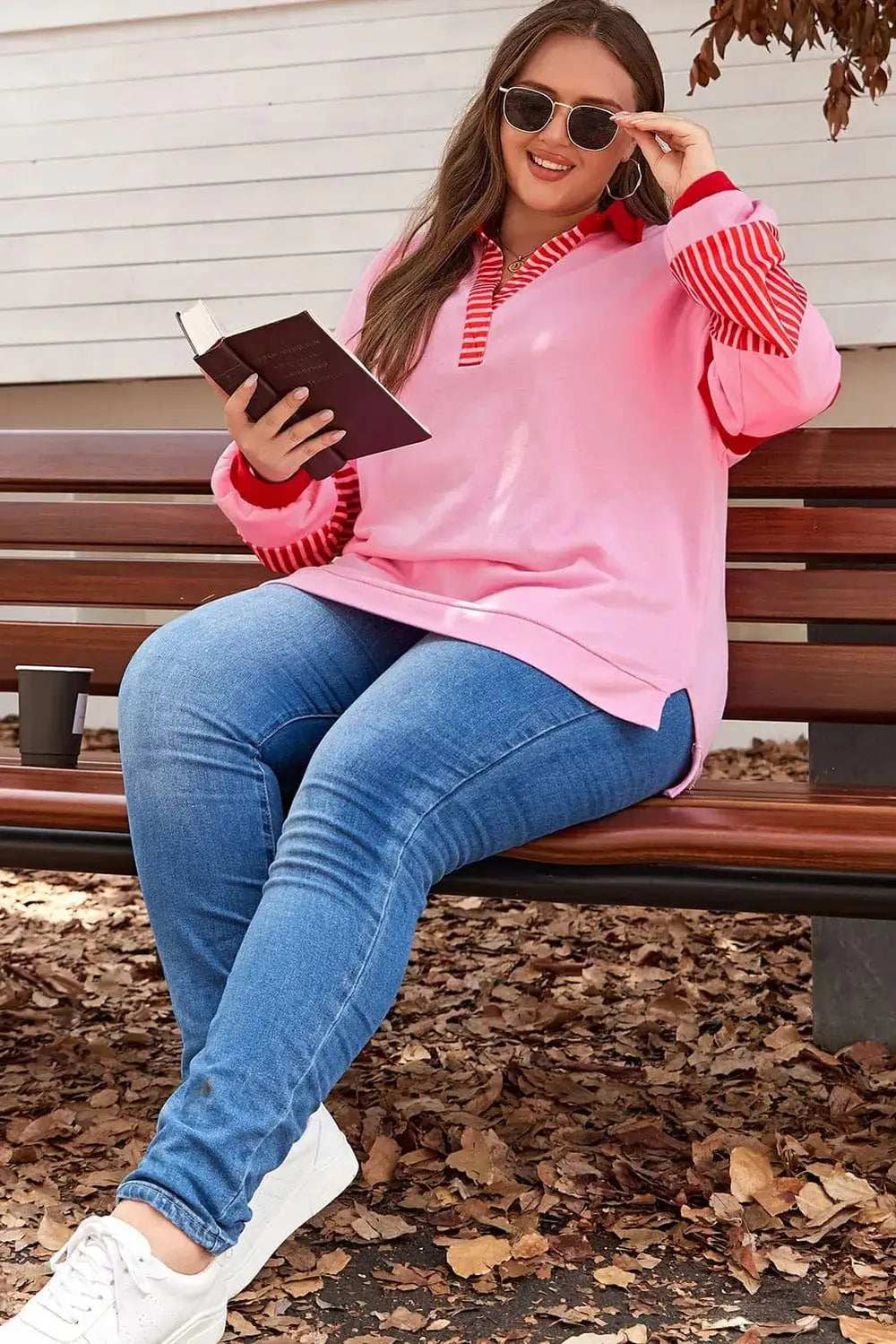 Plus Size Color Block Johnny Collar Long Sleeve Sweatshirt - Trendsi - Flyclothing LLC