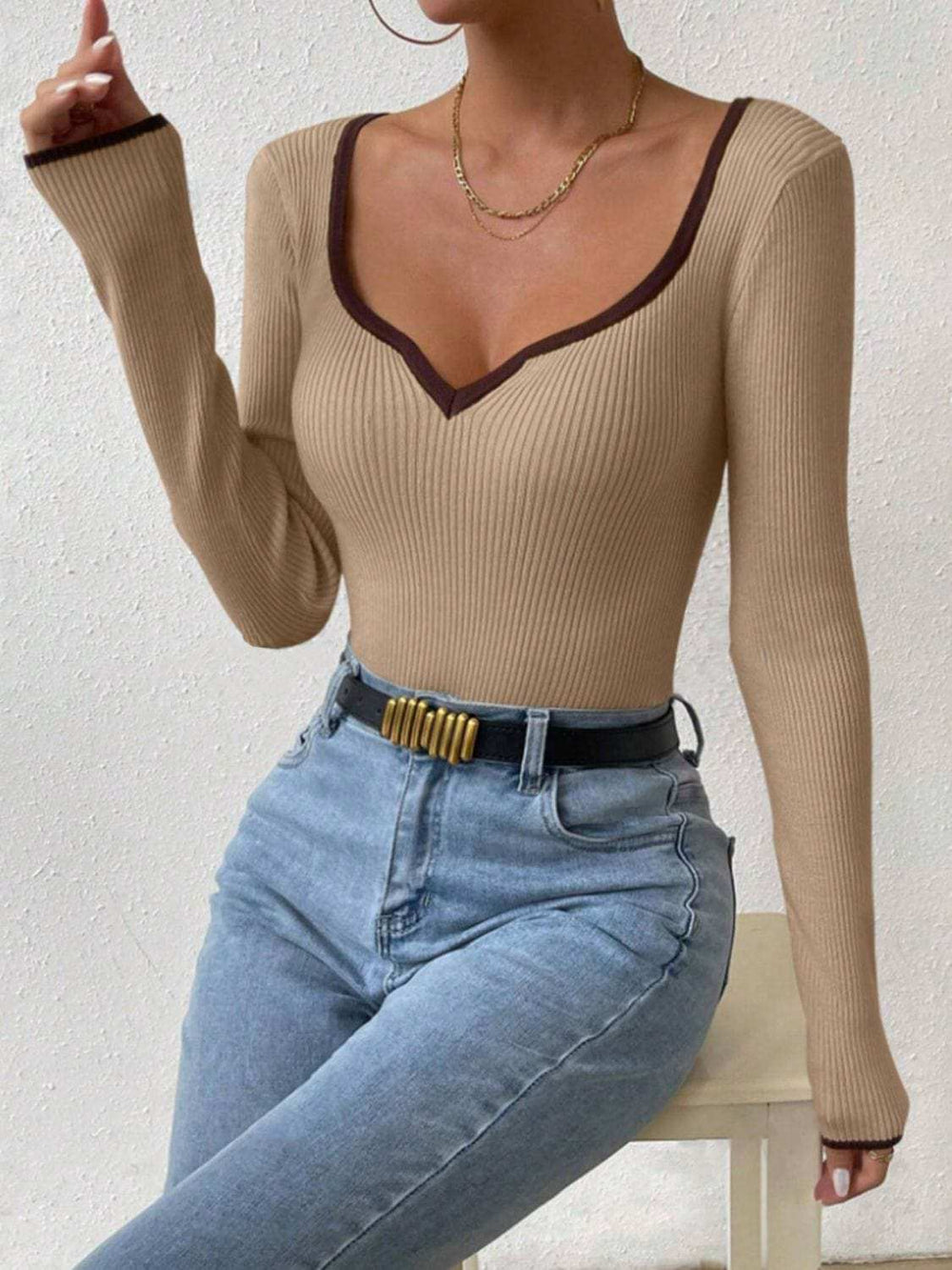 Contrast Trim Long Sleeve Knit Top - Trendsi - Flyclothing LLC