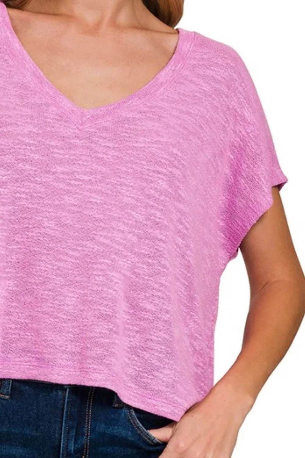 Zenana Hacci Slub V-neck Drop Shoulder Crop Top - Trendsi - Flyclothing LLC