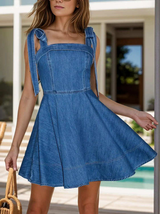 Square Neck Tie Shoulder Denim Dress - Trendsi - Flyclothing LLC