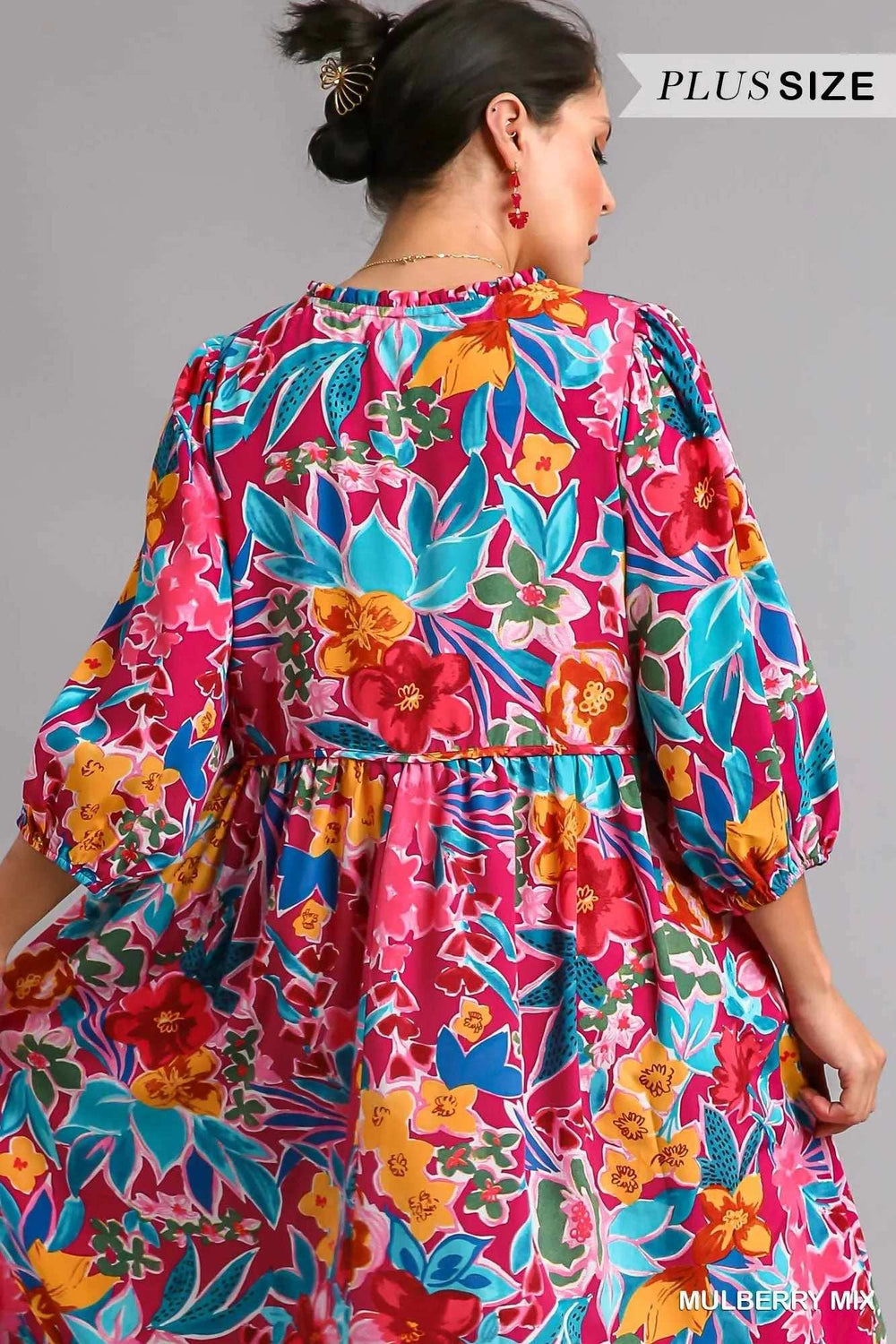 Umgee Full Size Floral Print Tie Neck Midi Dress with Pockets Plus Size - Trendsi - Flyclothing LLC