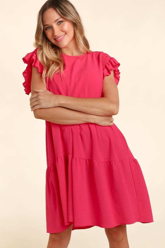Haptics Full Size Smocking Ruffle Short Sleeve Dress with Pockets - Trendsi - Flyclothing LLC