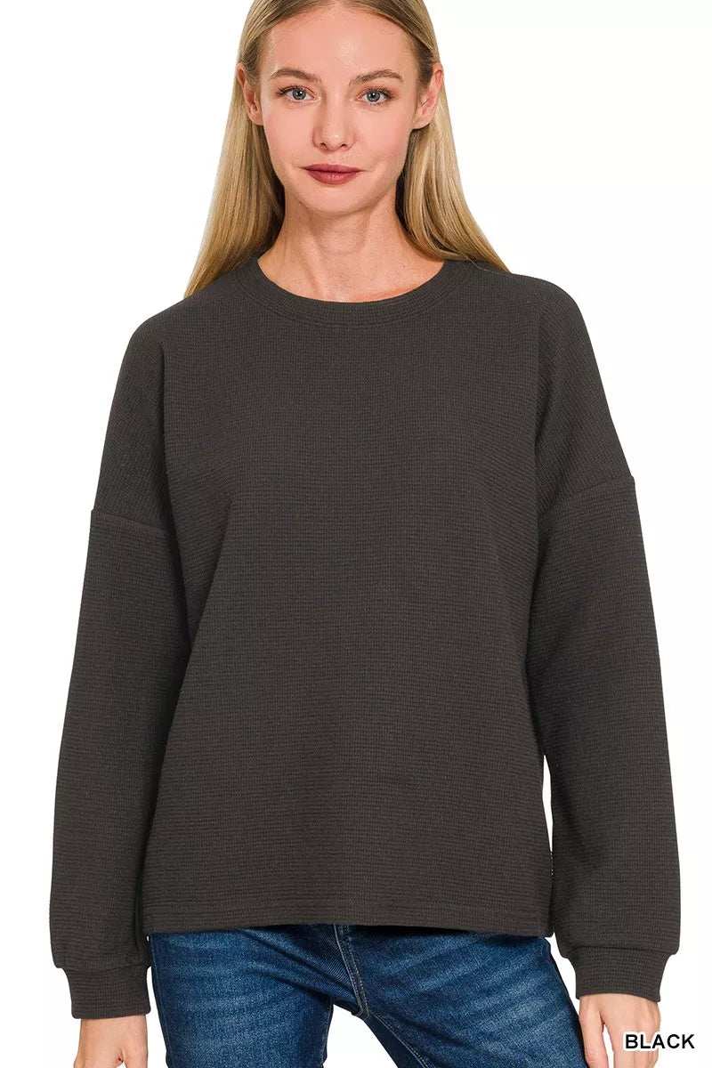 Zenana Double Knit Round Neck Long Sleeve Top - Trendsi - Flyclothing LLC