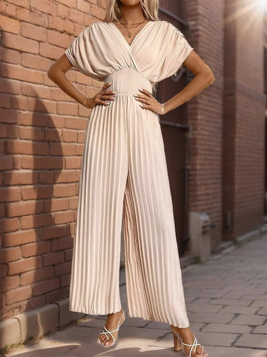 Pleated Short Sleeve Wide Leg Jumpsuit - Trendsi - Flyclothing LLC