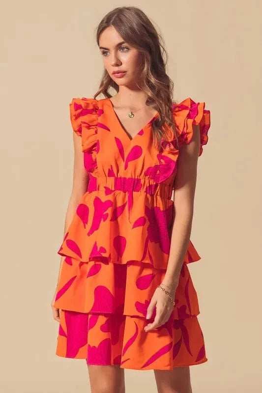 SO ME Floral V Neck Layered Dress with Elasticized Waist - Trendsi - Flyclothing LLC