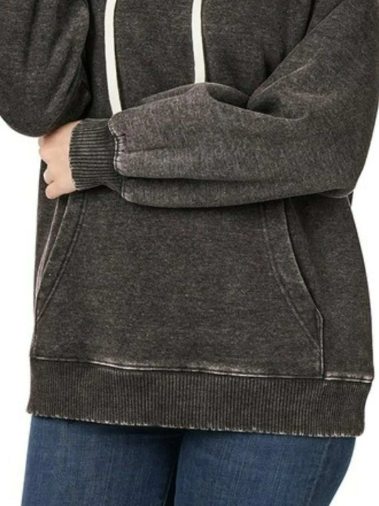 Zenana Acid Wash Fleece Hoodie with Drawstring - Trendsi - Flyclothing LLC