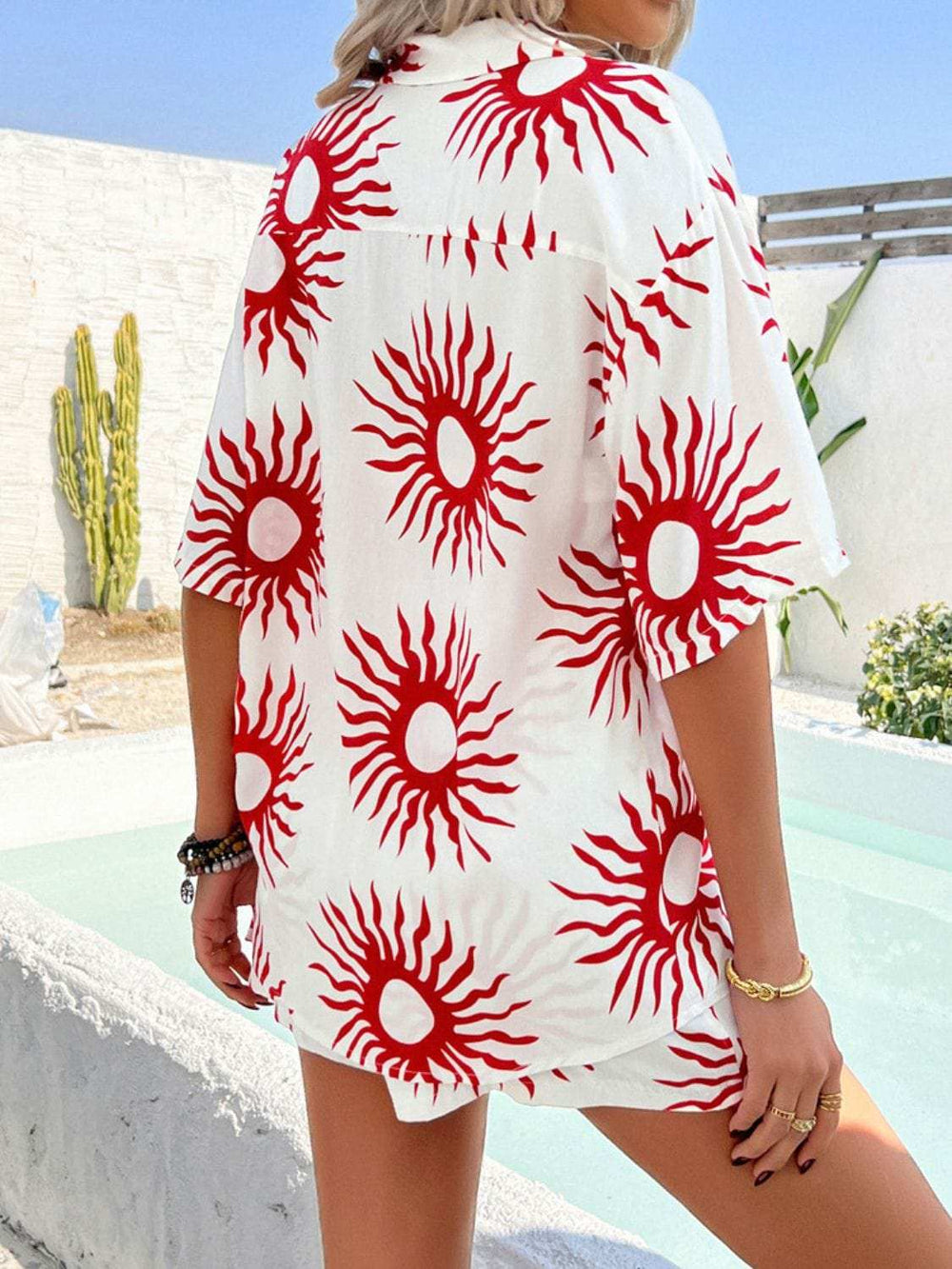Devine Printed Collared Neck Half Sleeve Top and Shorts Set - Trendsi - Flyclothing LLC