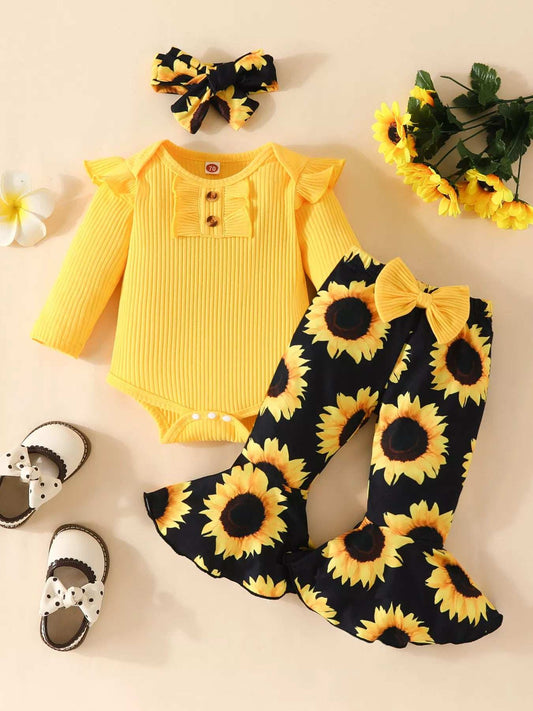Children's Ruffled Ribbed Top and Sunflower Pants Set - Trendsi - Flyclothing LLC