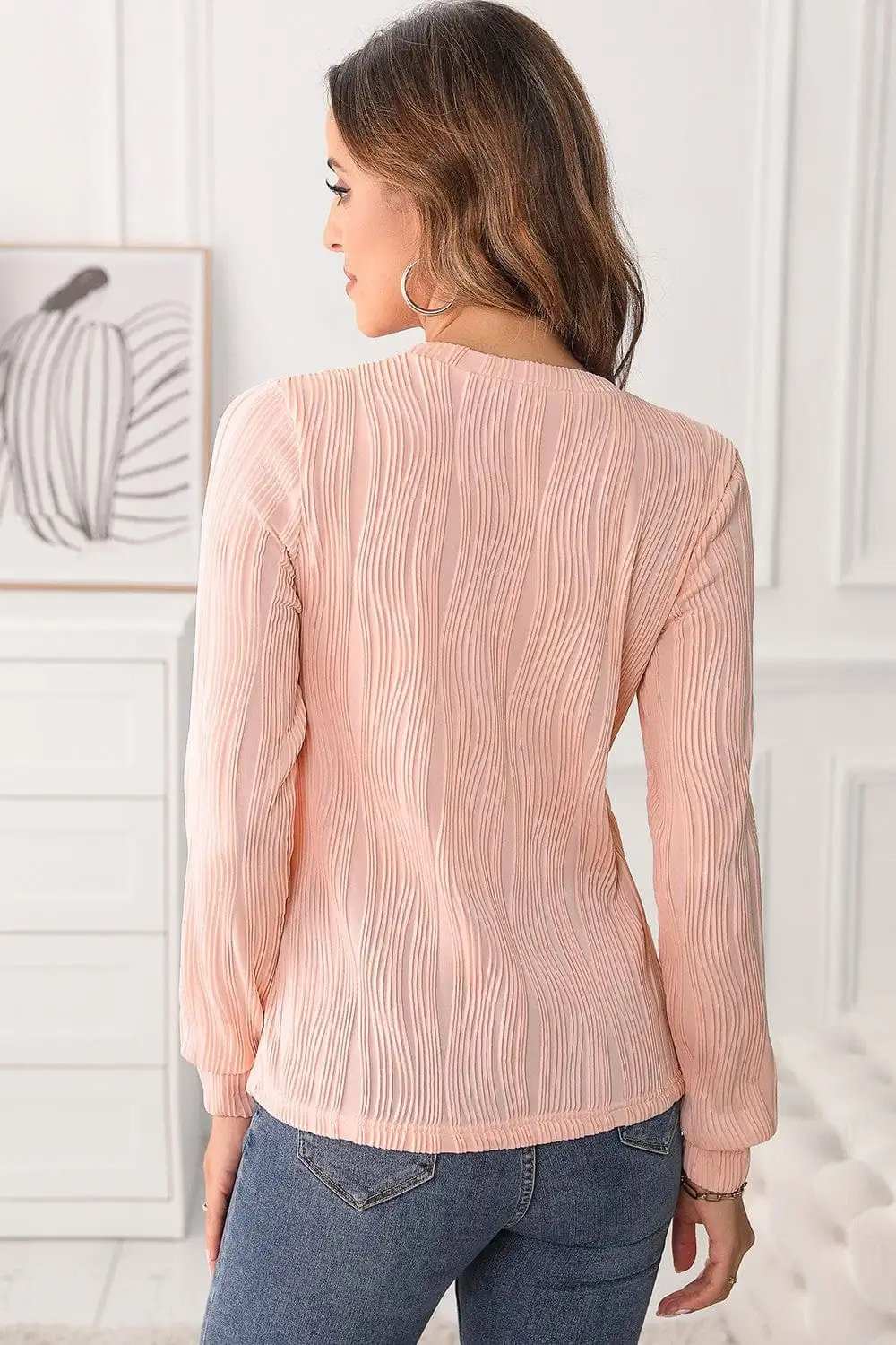 Textured Round Neck Long Sleeve Blouse - Trendsi - Flyclothing LLC